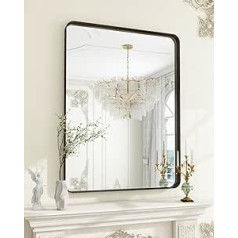 Koonmi Deep Frame Wall Mirror, 90 x 60 cm Luxury High-End Rectangular Bathroom Mirror, Filleted Corner Frame Mirror Horizontal or Vertical Hung, Black