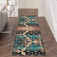 Rug Runner Hallway Non-Slip Sold by the Metre 80 x 250 cm, Geometric Black Gold Green Diamond Grid Kitchen Runner Hallway Runner Long Polyester Carpet Runner for Corridor Bedroom Living Room