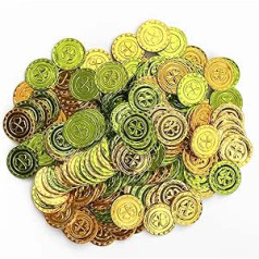 Pack of 100 Gold & Green 4 Leaves Clover Lucky Coins, Plastic Treasure Fake Money Toy Coins for Kids Party Favours St Patrick's Day Party Decorations Birthday Party Supplies