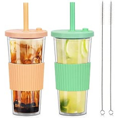 ZgoEC 24 oz Boba Cup with Lid and Straw, Bubble Tea Cup with Straw, BPA-Free, Double-Walled Insulated Plastic Cups, Set of 2 Drinking Cups with Straw, Reusable Iced Coffee Cup Tumbler Cup