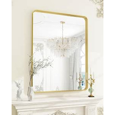 Koonmi Deep Frame Wall Mirror, 90 x 60 cm Luxury High-End Rectangular Bathroom Mirror, Filleted Corner Frame Mirror Horizontal or Vertical Hung, Gold
