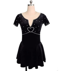 YDHTIZ Damen Professionelle Eiskunstlauf Wettbewerb Kleider Schwarz Samt Kurzarm Strass Schlittschuh Tanz Kostüm Wettbewerb Training Athletic Weibliche
