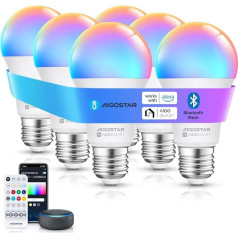 Aigostar 12W Alexa Light Bulb Bluetooth Mesh A60, Smart Bulb Works with Alexa, Smart Bulb E27 LED 1150LM RGB & 2700K-6500K, 6 Pieces (with Bluetooth Remote Control).