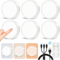 LED Spot Battery Rechargeable with Remote Control, 1600 mAh Battery Operated, Wireless, Dimmable, Showcase Lighting with Timer and Magnet, Round Under-Unit Light, Kitchen Battery Without Cable, USB-C
