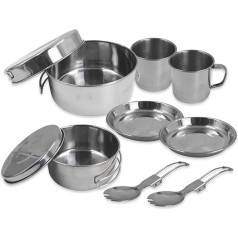 Roucerlin 10 Piece Stainless Steel Camping Cookware Set Camping Cookware Pot with Folding Handle Backpacking Set Hiking Camping Cooking Set with Cups Pots Tableware Spoons Pans