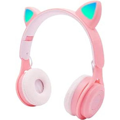 QOTSTEOS Cute Cat Ear Headphones Wireless Gaming Headset with LED Lighting Cat Ears HiFi Music Stereo Bluetooth 5.0 Wireless Headphones for PC Tablet FM Radio (Pink)