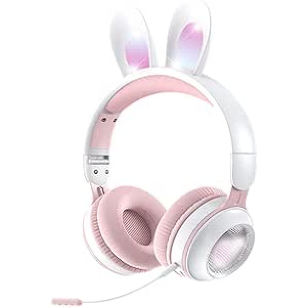 Yunseity Children's Headphones, Bluetooth 5.0 Headphones with Rabbit Ear, Over-Ear LED Light, Foldable Wireless Headset, Support TF/AUX, Children, Toddlers, Teenagers (White Powder)