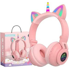 hisonic Bluetooth Children's Headphones, Over-Ear Unicorn Bluetooth Headphones Girls with Colourful Lights, Microphone and SD Card Slot for Children from 3 Years (Pink)