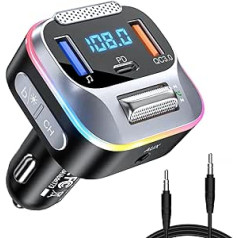 LENCENT Bluetooth 5.0 Car FM Transmitter, PD+QC3.0 Car Charger, AUX Bluetooth Radio Adapter, Large Microphone, HiFi Bass, Supports Hands-Free Calling, Siri, Google Assistant