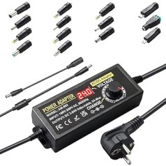 3V~24V 6A 144W Adjustable Power Supply, Universal Power Supply Adapter, 100V-240V AC to DC Converter Power Supply with LED Voltage Display, 14 Tips & Polarity Cable for Household Electronics, DC