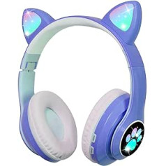 OHAANYY Wireless Bluetooth Headphones for Children, Foldable Girls Headphones Over Ear, LED Cute Cat Ears, Foldable, Audio Wireless for Children, Bluetooth 5.0 Headphones for Tablet/Mobile Phone/PC