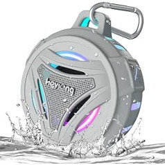 Heysong Portable Bluetooth Speaker, IPX7 Waterproof Shower Music Box with Light, Dual Bass Drivers, 36h Battery, Hands-Free Function for Phone, Outdoor, Drop-Resistant, Gifts for Men, Grey