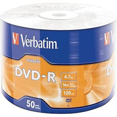 Verbatim DVD-R 16x, DataLife, Matt Silver 4.7GB, Pack of 50, DVD Blanks Writeable, 16x Burning Speed & Hardcoat Scratch Guard, DVD-R Blanks, DVD Empty, Blanks DVD