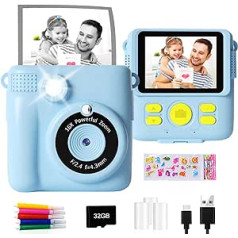 GKTZ Instant Cameras Children - 1080P HD Instant Printing of Photos - Birthday Gift for Girls Aged 4 5 6 7 8 9 10 Years - Portable Toy with 3 Rolls Photo Paper, 32GB Card - Blue