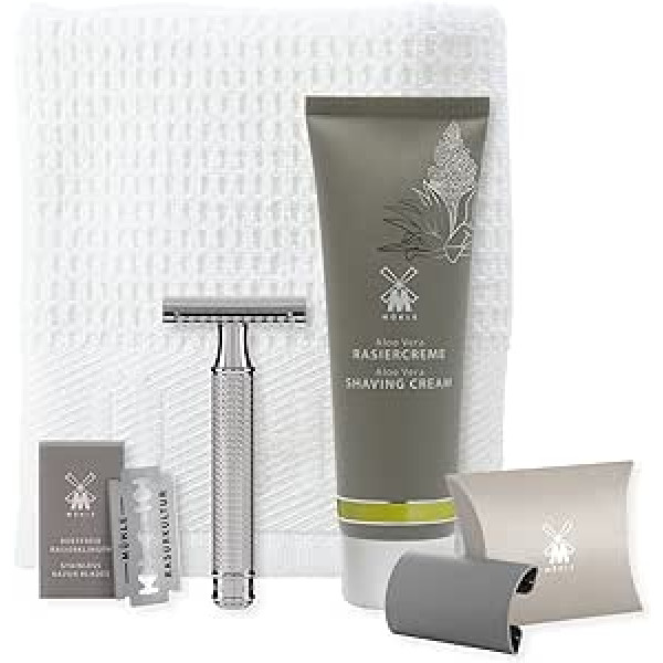 MÜHLE R 89 Shaving Set 5 Pieces - Safety Razor with Closed Comb, Chromed Metal, Blade, Cream, Cloth - Silver