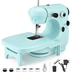 Mini-Nähmaschine, elektrische Nähmaschine, tragbar, mit einziehbarem Arbeitstisch, Doppelfaden-Nähmaschine mit 2 Geschwindigkeitsstufen, mit Nähset, manuelle Nähmaschine DIY (blau)