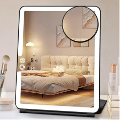 FUNTOUCH USB Rechargeable Cosmetic Mirror with Lighting, 1 x 10 x Mirror Magnification Travel Mirror with Light, 3 Colours Adjustable LED Makeup Mirror, Make Up Mirror for Travel (Black)