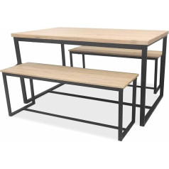 Alice's Home Loft Dining Room Set Black Rectangular Steel Table L140 x W80 x H75 cm with 2 Benches L120 x W35 x H46 cm, 4 Seats