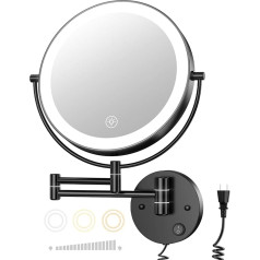 Gospire 9 Inch Wall Mounted Cosmetic Mirror with Light, 3 Colours & Dimmable, Double-Sided Wall Mirror with 1X/10X Magnification, 360° Swivelling Shaving Mirror Makeup Mirror for Bathroom Hotel, Black