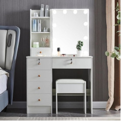 Saihemei Dressing Table with Mirror and Stool, Dressing Table with 6 Drawers and Shelves Storage Unit Cosmetic Bedroom Makeup Desk for Girls