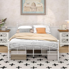 ‎Jurmerry JURMERRY Double Bed Frame 135 x 190 cm with Metal Headboard and Footboard Modern Style Steel Bed Platform Heavy Duty Slats Bed Frame Box Spring Set White
