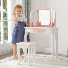 Mouds Kids Dressing Table & Stool Set, Girls Dressing Table Set with Removable Tri-fold Mirror and Drawer, 2-in-1 Princess Makeup Dressing Table and Desk for Girls, Kids