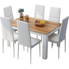 Mondeer Dining Table with 6 Chairs Set, Dining Set with High-Backed Chair, Faux Leather Chair for Kitchen, Dining Room, Living Room, W138 x D90 x H75 cm, White and Oak