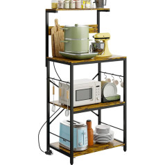 Easycom Baker's Rack with Socket, 4-Tier Kitchen Rack with 3 AC Outlets for Spices, Kitchen Utensils, 6 S Shaped Hooks, Microwave Stand for Kitchen, Coffee Bar, Living Room, Office, Rustic