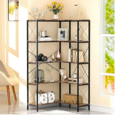 Jolijour Bookcase, 5 Tier Corner Shelf, Standing Shelf with 5 Levels, Industrial Shelf, Wooden Bookcase, Industry, Sturdy Steel Frame for Living Room, Office, Space-Saving, Black