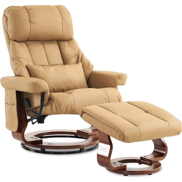 M Mcombo Massage Chair with Stool, 360° Rotating Recliner Chair with Reclining Function, Modern TV Chair, TV Chair with Side Pocket for Living Room, Faux Leather, 9068 (Yellow Beige)