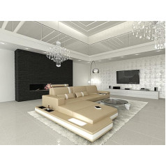 Sofa Dreams Messana Leather Sofa L Shape Sofa with LED Lighting, Adjustable Headrests, Chaise Longue / Choice of Leather Colours / Orientation Ottoman Available (Ottoman Left, Sand Beige/White)
