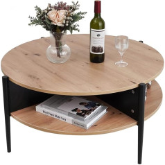 7Riversart Round Wooden Coffee Table 2 Tier Storage Shelf Industrial Modern Design Sofa Table for Living Room