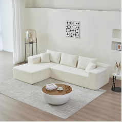 Okwish Corner Sofa, L-Shape Sofa Bed with Sleep Function, Upholstered Couch with Sponge Cushion, White
