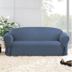 SureFit Duck Solid Box Cushion Sofa One Piece Slipcover Relaxed Fit 100% Cotton Machine Washable Blue (Bluestone), 1 Count (Pack of 1)