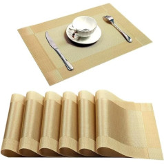Marabo Placemats,Placemats, Placemats, Washable PVC Dining Table Set, Woven Mats, Diagonal Frame, Fabric Disc, Bowl, Coaster, Non-Slip Mat (Gold, 4 Pieces) (Color : Gold, Size : 6 Pieces