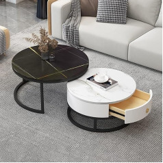 Ffhyx Set mit 2 multifunktionalen, runden Marmor-Couchtischen mit Schubladenaufbewahrung und Metallrahmen, ideal für Wohn- und Schlafzimmerdekoration (Farbe: schwarzer Rahmen + Schwarz + Weiß)
