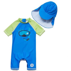 NALULU Baby Boys' One-Piece Swimsuits UPF 50+ Sun Protection Zip and Buttons S/S Sunsuits/Swimwear All-in-One with Sun Cap