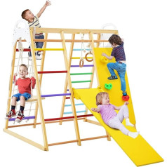 GOPLUS 8-in-1 Children's Climbing Triangle, Indoor Playground with Ladder, Monkey Poles, Gym Rings, Slide, Climbing Net, Climbing Rocks & Swing, Wooden Climbing Frame for 4 Children from 3 Years (Colourful)