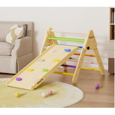 BenaRita Triangle Climbing Frame, 2-in-1 Rainbow Climbing Frame Set for Indoor Use, Foldable Montessori Wooden Climbing Triangle with Slide Ramp for Toddlers and Children