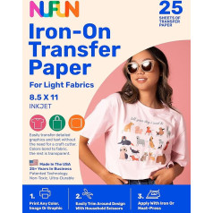 NuFun Activities 25 Sheets 8.5 x 11 Inch Printable Heat Transfer Paper for T Shirts, Lightweight Fabrics, Durable, Durable, Professional Quality, Easy DIY, Non-Toxic