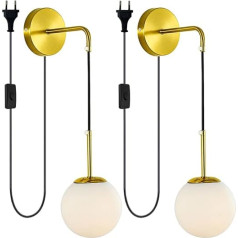 ELINKUME LED Indoor Wall Light, Wall Lamp with Switch and Plug, Adjustable Cable, E27 Wall Lights with Spherical Lampshade for Bedroom, Bathroom, Corridor Decoration, Pack of 2, Golden