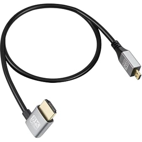 RIIEYOCA 90 Degree Left Angle UHD 8K Micro HDMI Male to HDMI Male 18Gbps High Speed 2.1 Extended Cable Supports 8K @ 60Hz, 1080p, ARC, 3D, for DVR, HDTV, (Left Angle, 1 m)