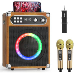 Tisey Karaoke Machine with Multicolor Lighting and 2 UHF Wireless Microphones, 20W High Performance Speaker, Support TF Card/USB, AUX Input, Color Wood