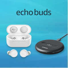 Die Echo Buds (2. Gen.) | Kabellose Ohrhörer mit aktiver Geräuschreduzierung und Alexa | Kabelloses Ladeetui in Weiß + kabelloses PowerWave-5-W-Ladepad für Echo Buds