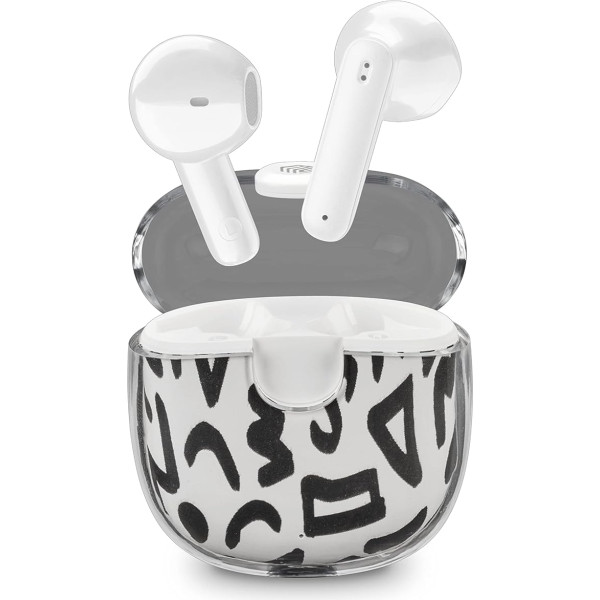 Music Sound | DRIP - Bluetooth Capsule Headset - Transparent Housing with Fashionable Patterned Design - 19 Hours Playtime - Controls on the Earpiece - Imaginative Symbols