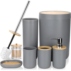 JOTOM Pack of 7 Bamboo Bathroom Accessories Bathroom Accessories Set Luxury Modern Bathroom Set Toothbrush Holder Tumbler Qtip Holder Toilet Brush Set Soap Dish Bin Soap Dispenser (Grey)