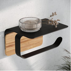 KAZAI.® Leif Design Toilet Roll Holder with Shelf No Drilling (Self-Adhesive) Made of Stainless Steel and Real Wood Bamboo Toilet Holder / Roll Holder for Bathroom Matt Black
