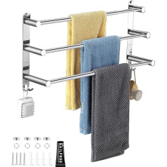DAGORD Towel Rail Wall Stainless Steel Shiny Towel Holder Bathroom Extendable 3 Bars 43-75 cm with Hooks Bath Towel Holder Wall Mounted with Drilling and Adhesive - 2 Installation Methods for Bathroom