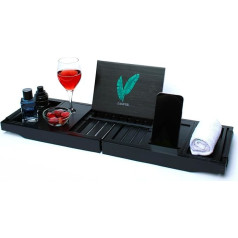 Lagoon Premium Bamboo Bath Caddy (Black) with Leather Handles, Candle, Wine Glass, Book, Tablet, iPad and Phone Holder