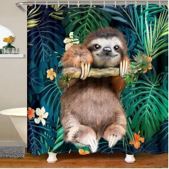 Children's Cute Sloth Shower Curtain, 180 x 200 cm, Cartoon Animal Bath Curtain, Decor for Girls, Funny Fables, Sloth, Tropical Leaves, Floral Print, Shower Curtain, Textile, Animal, Nature Theme